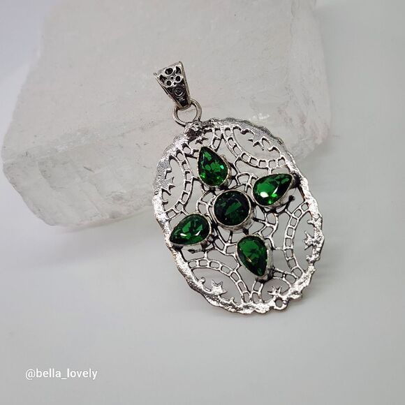 Peridot Filigree Silver Plated Antique Style Pendant 2.4" - Picture 2 of 3